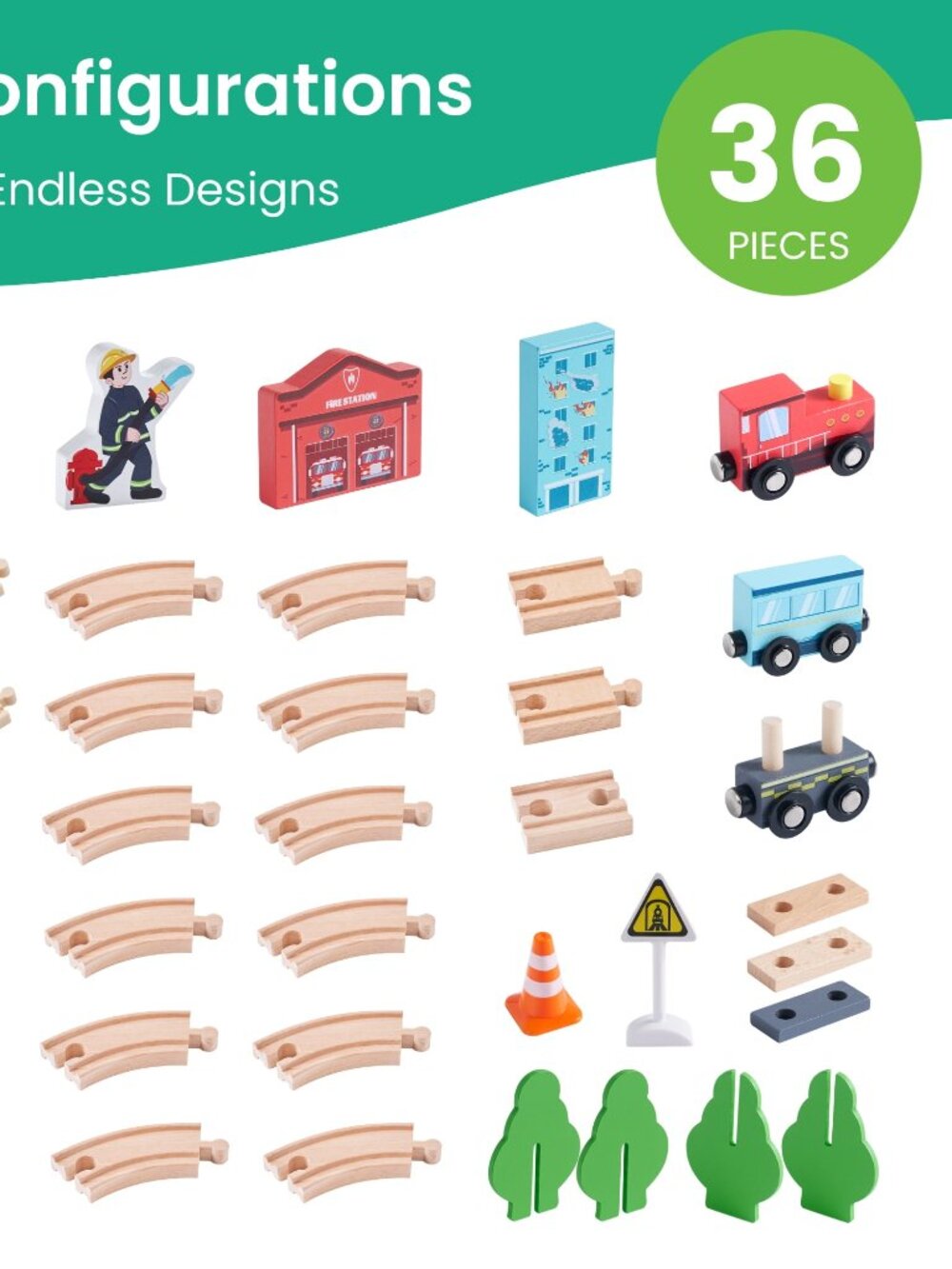 Wooden Train Set for Toddlers, 36 Pcs with Wooden Tracks Expandable, Changeable - Picture 2 of 7
